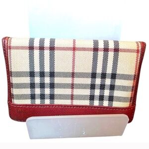 Burberry Classic Plaid Burgundy Leather Trim Cardholder Wallet Bifold NovaCheck